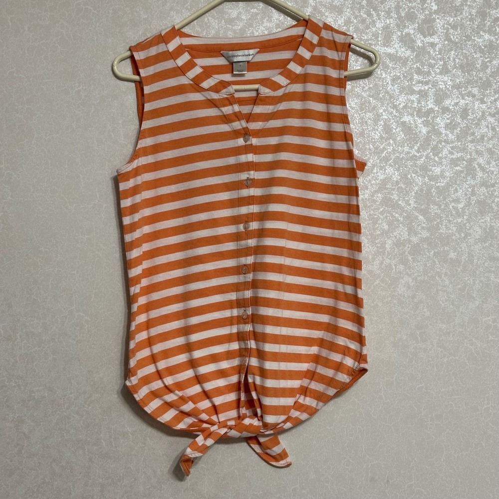 Christopher & Banks Orange White Striped Sleeveless Tie Front Button  Down Top S